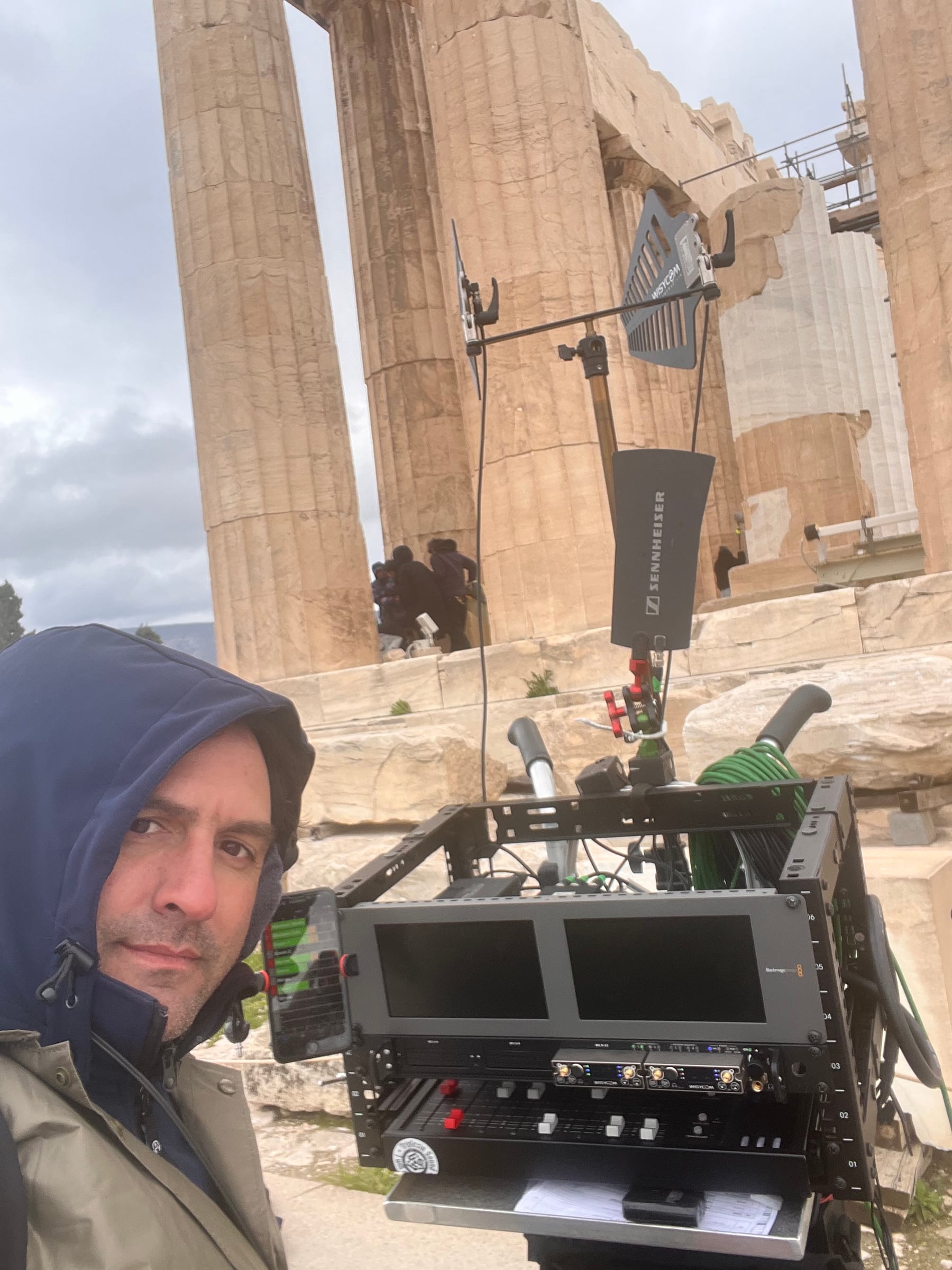 Yannis Antipas with a production sound cart at the Acropolis